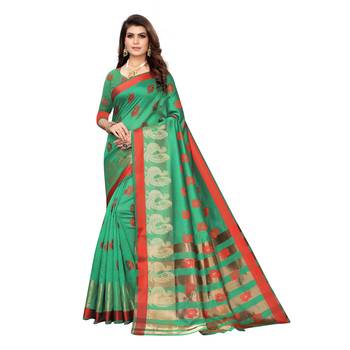 Green woven cotton silk saree with blouse 1