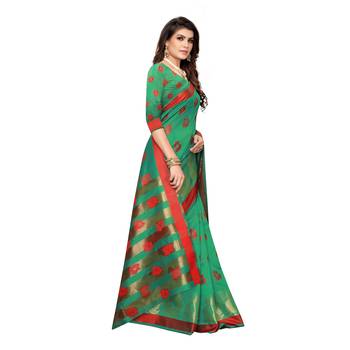 Green woven cotton silk saree with blouse 3