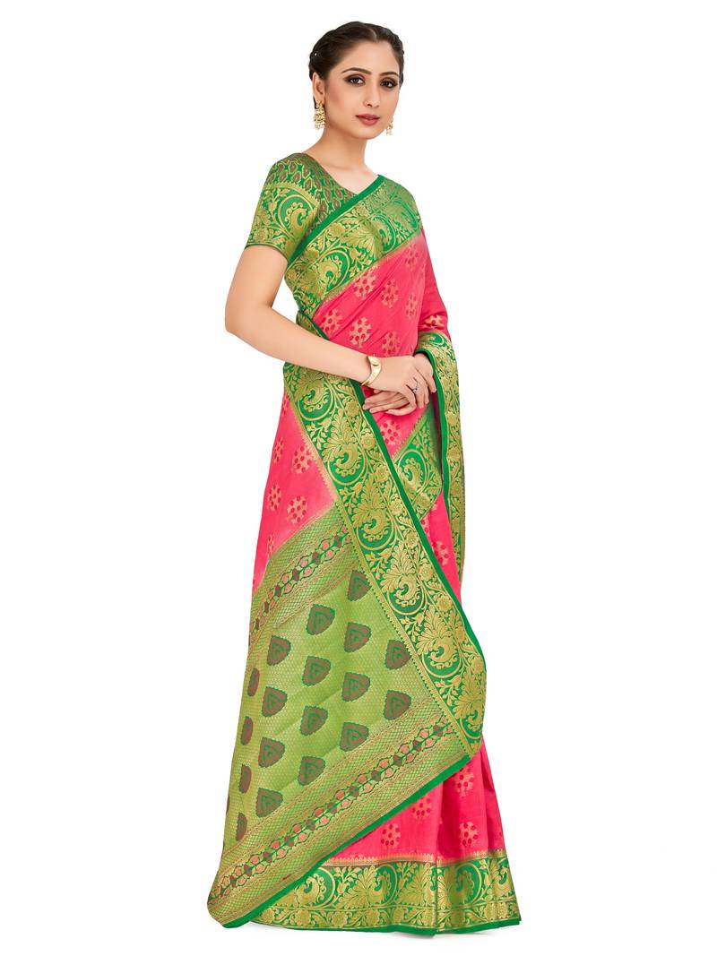 Pink Woven Art Silk Saree With Blouse