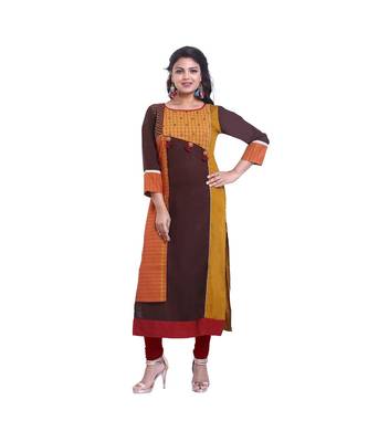Mustard & Brown Embroidered Long Kurta For Women 1