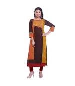 Mustard & Brown Embroidered Long Kurta For Women