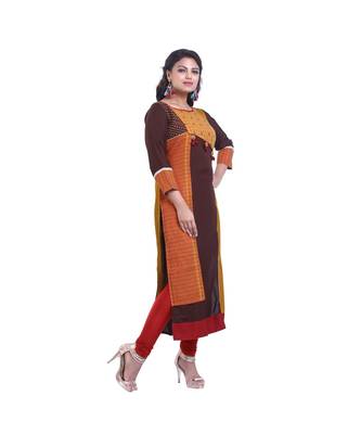 Mustard & Brown Embroidered Long Kurta For Women 2
