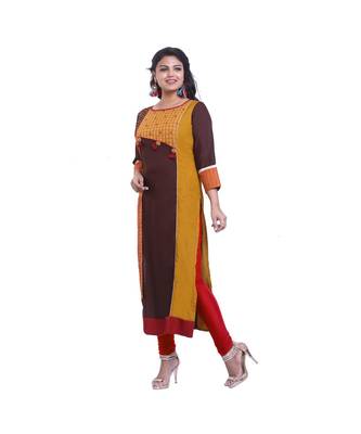 Mustard & Brown Embroidered Long Kurta For Women 3