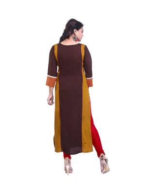 Mustard & Brown Embroidered Long Kurta For Women 4