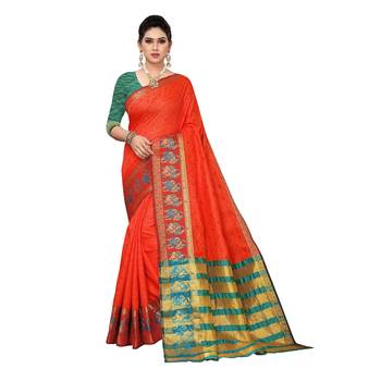 Orange woven cotton silk saree with blouse 1
