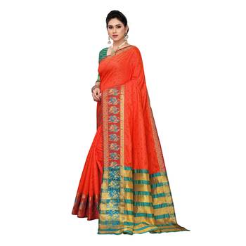 Orange woven cotton silk saree with blouse 2