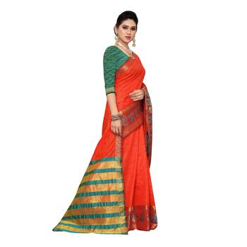 Orange woven cotton silk saree with blouse 3