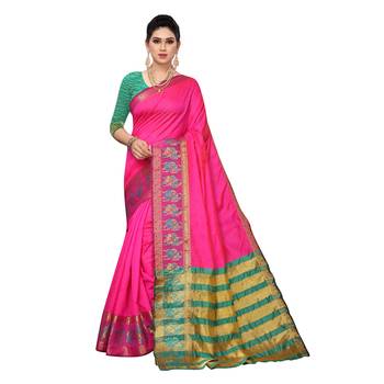 Pink woven cotton silk saree with blouse 1