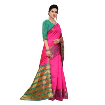 Pink woven cotton silk saree with blouse 3
