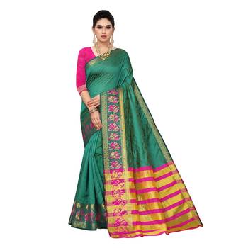 Green woven cotton silk saree with blouse 1
