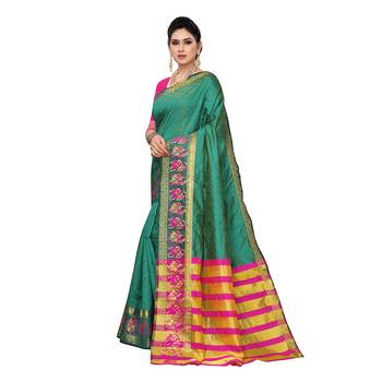 Green woven cotton silk saree with blouse 2