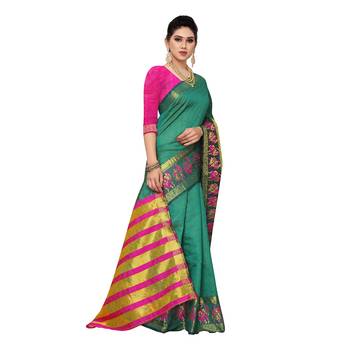 Green woven cotton silk saree with blouse 3