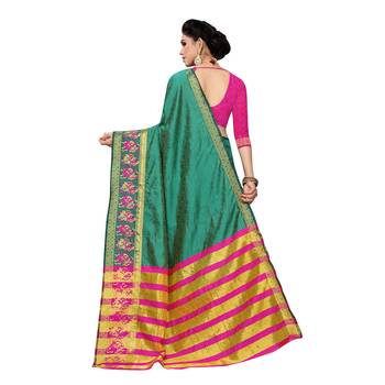 Green woven cotton silk saree with blouse 4