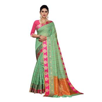 Green woven cotton silk saree with blouse 1