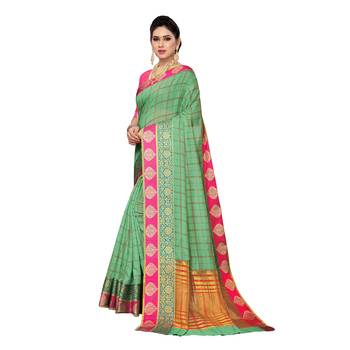 Green woven cotton silk saree with blouse 2