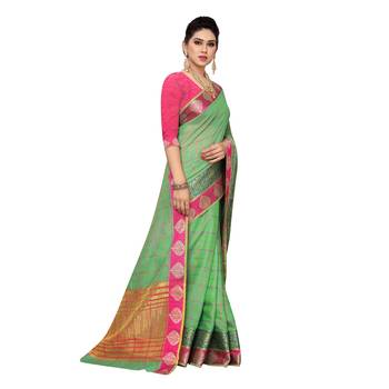 Green woven cotton silk saree with blouse 3