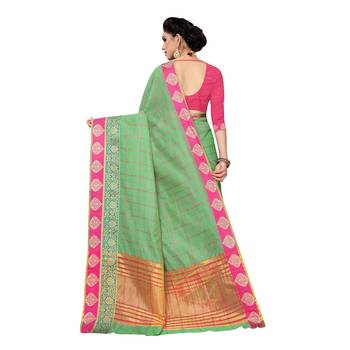Green woven cotton silk saree with blouse 4
