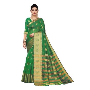 Green woven cotton silk saree with blouse 1