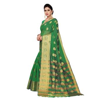 Green woven cotton silk saree with blouse 2