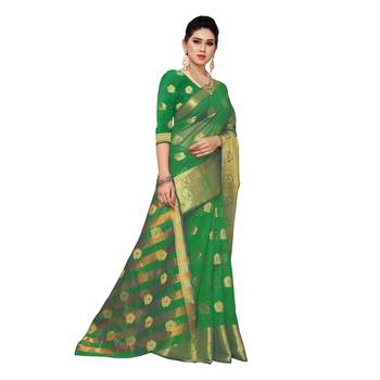 Green woven cotton silk saree with blouse 3