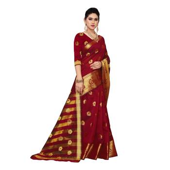 Red woven cotton silk saree with blouse 3
