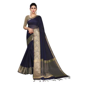 Navy blue woven cotton silk saree with blouse 1