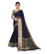 Navy blue woven cotton silk saree with blouse