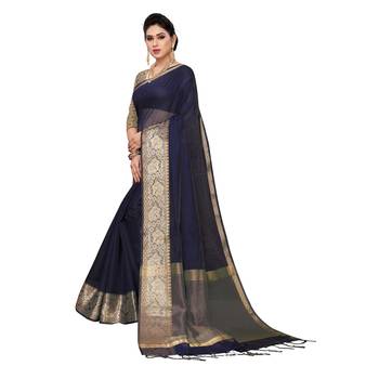 Navy blue woven cotton silk saree with blouse 2