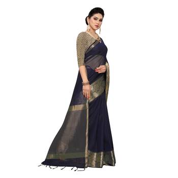 Navy blue woven cotton silk saree with blouse 3