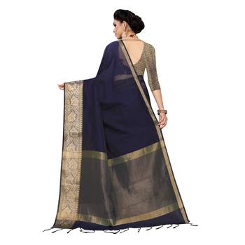 Navy blue woven cotton silk saree with blouse 4