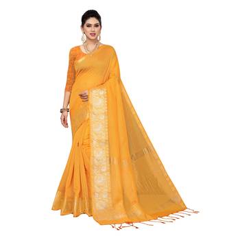 Yellow woven cotton silk saree with blouse 1