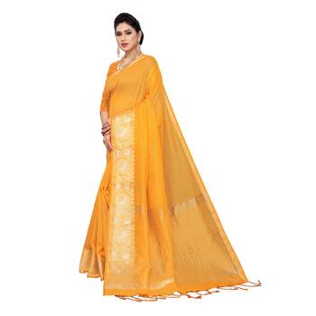 Yellow woven cotton silk saree with blouse 2