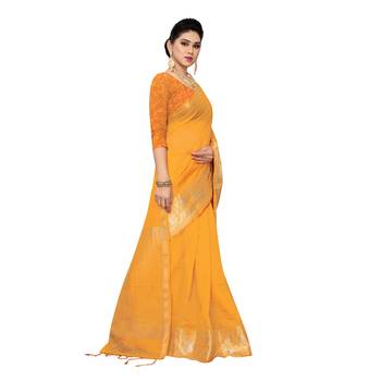 Yellow woven cotton silk saree with blouse 3