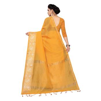 Yellow woven cotton silk saree with blouse 4