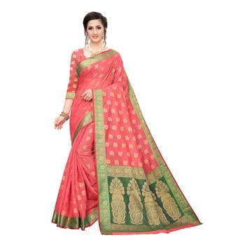 Pink woven cotton silk saree with blouse 1