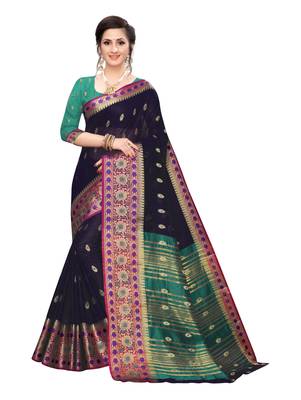 Blue woven cotton silk saree with blouse 1