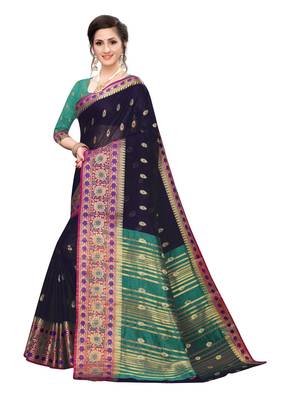 Blue woven cotton silk saree with blouse 2