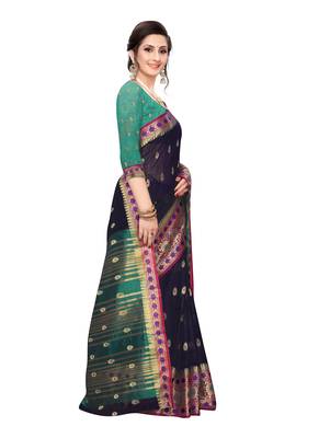 Blue woven cotton silk saree with blouse 3