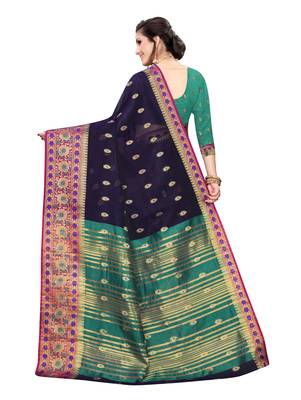 Blue woven cotton silk saree with blouse 4