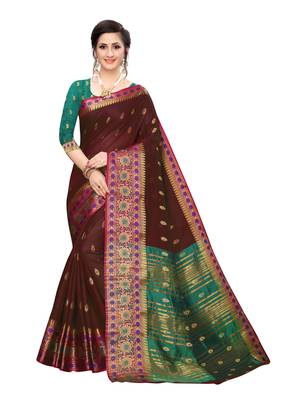 Brown woven cotton silk saree with blouse 1