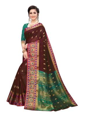 Brown woven cotton silk saree with blouse 2