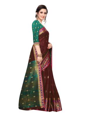 Brown woven cotton silk saree with blouse 3