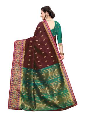 Brown woven cotton silk saree with blouse 4