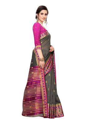 Pink woven cotton silk saree with blouse 3