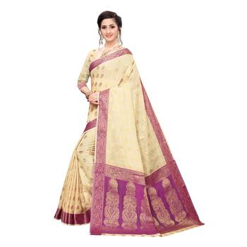 Beige woven cotton silk saree with blouse 2