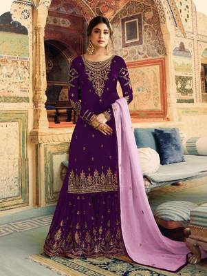 Purple Faux Georgette Fancy Sharara Suit  1