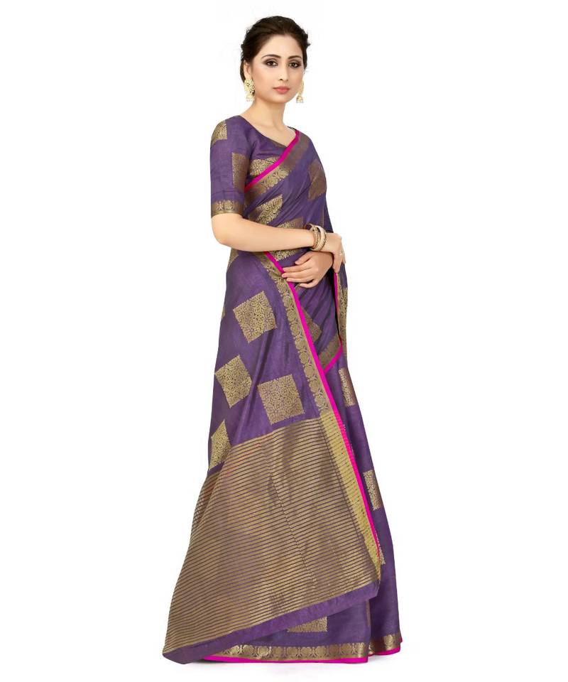 Purple Woven Tussar Silk Saree With Blouse