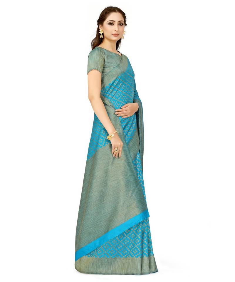 Turquoise Woven Art Silk Saree With Blouse