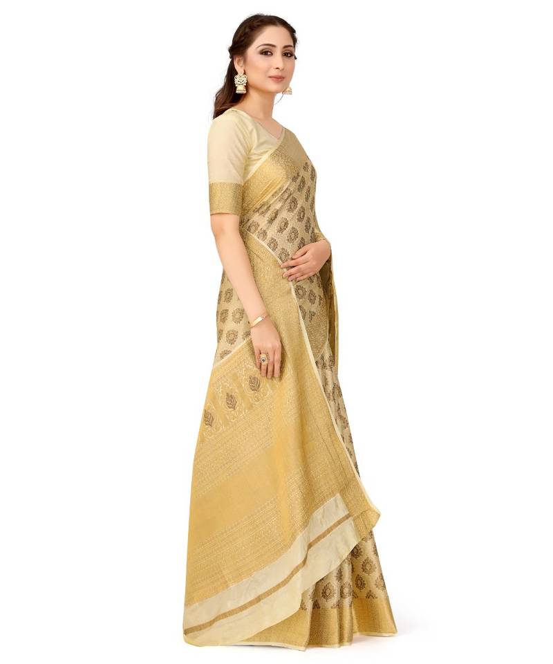 Beige Woven Art Silk Saree With Blouse