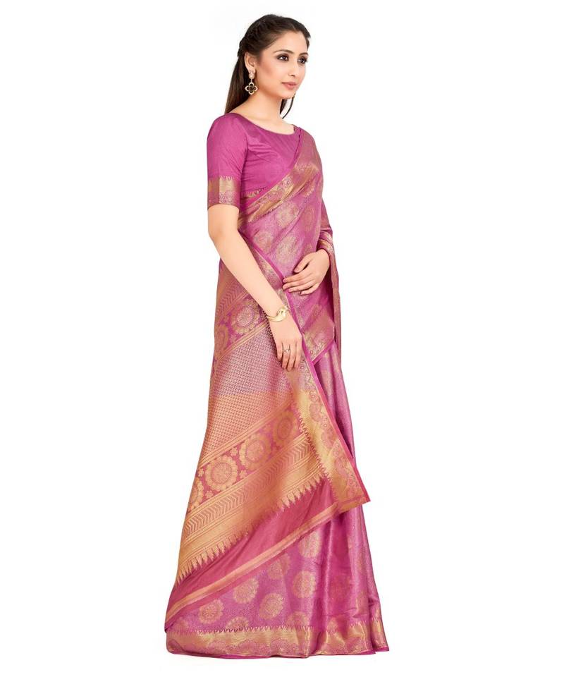 Pink Woven Art Silk Saree With Blouse
